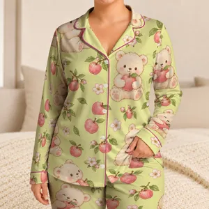 Rosy Fruit-Hugging Baby Bears for Cozy Nights and Sweet Relaxed Lounging Satin Pajamas Set