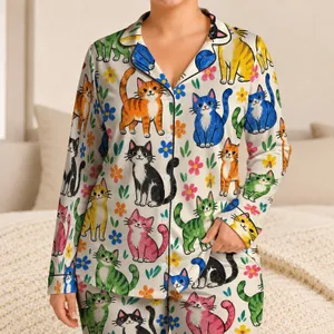 Colorful Hand-Painted Kittens for Cozy Evenings and Relaxed Lounging at Home Satin Pajamas Set