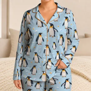 Playful Penguin Companions for Cozy Lounging and Relaxed Winter Evenings Satin Pajamas Set
