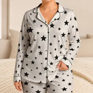 Minimal Black Stars for Cozy Nights, Relaxed Lounging, and Everyday Comfort Satin Pajamas Set