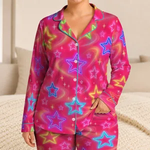 Neon Rainbow Star Y2K Vibe for Cozy Nights and Relaxed Lounging Satin Pajamas Set
