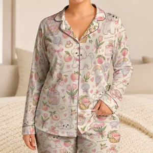 Sweet Kawaii Love Trinkets and Puppy Friends for Cozy Everyday Lounging at Home Satin Pajamas Set