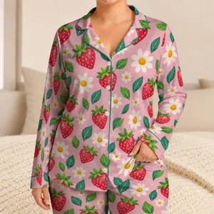 Strawberries And Daisies For Cheerful Summer Lounging And Cozy Home Relaxation Satin Pajamas Set