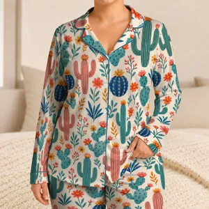 Southwest Cactus Blooms for Cozy Desert Evenings and Relaxed Lounging at Home Satin Pajamas Set