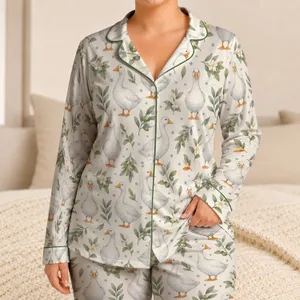 White Geese and Sage Blossoms for Cozy Cottagecore Evenings and Relaxed Weekends Satin Pajamas Set