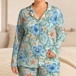 Coastal Blue Hibiscus and Starfish for Relaxed Beachside Lounging and Summer Getaways Satin Pajamas Set