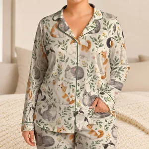 Watercolor Cat And Leaf Motifs For Cozy Lounging And Relaxed Evening Routines At Home Satin Pajamas Set