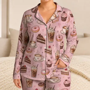 Coffee Cups And Sweet Treats For Cozy Cafe Lovers And Relaxing Mornings Satin Pajamas Set