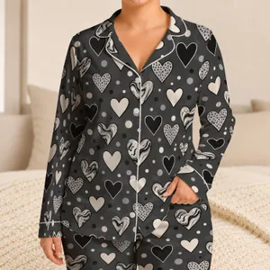 Monochrome Hearts And Polka Dots For Cozy Valentine Lounging And Romantic Comfort Satin Pajamas Set