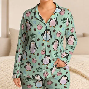 Cute Penguin Coffee Time for Cozy Winter Lounging and Relaxed Everyday Evenings Gift Satin Pajamas Set
