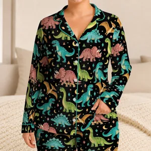 Colorful Dinosaur Friends for Cozy Bedtime and Playful Weekend Lounging for Her Satin Pajamas Set