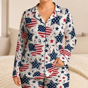 Red White And Blue Flag Stars For Fourth Of July Lounging And Patriotic Weekends Satin Pajamas Set