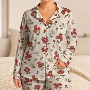 Rust Clover And Daisy Motifs For Relaxed Springtime Lounging At Home All Season Long Satin Pajamas Set