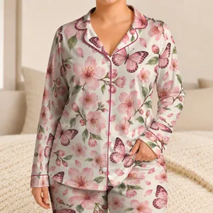 Blush Cherry Blossoms And Butterflies For Peaceful Springtime Lounging, Gift For Her Satin Pajamas Set