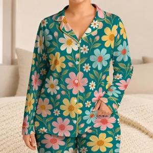 Turquoise Daisy And Pastel Blossoms For Cozy Cottagecore Lounging Satin Pajamas Set