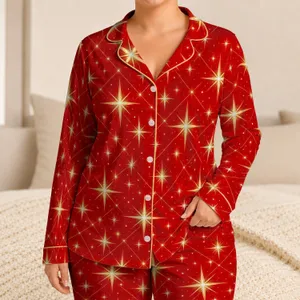 Red Golden Starburst Sparkles for Cozy Lounging and Festive Home Evenings for Her Satin Pajamas Set