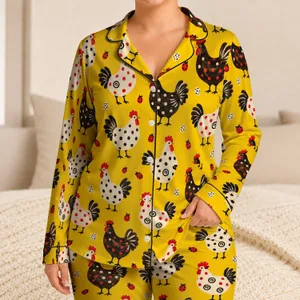 Red Comb Hen And Polka Dot Farm Birds For Cozy Country Nights Satin Pajamas Set