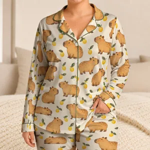 Cute Capybara and Citrus Companions for Cozy Weekend Lounging and Relaxed Gift Giving Satin Pajamas Set