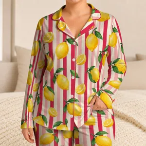 Lemon and Raspberry Stripes for Sunny Vacation and Relaxed Home Lounging Satin Pajamas Set