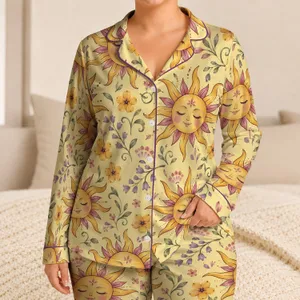Bohemian Celestial Sun Motifs for Festival Style and Laid-Back Vacation Days Satin Pajamas Set