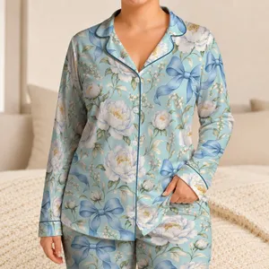 Blue Bow and White Peony Motifs for Elegant Lounging and Thoughtful Gifts for Women Satin Pajamas Set