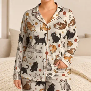 Playful Multicolor Cat Companions For Cozy Lounging And Relaxed Weekend Mornings Satin Pajamas Set
