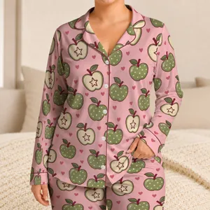 Sage Green Apple And Star Motifs For Cozy Home Lounging And Relaxed Weekends Satin Pajamas Set