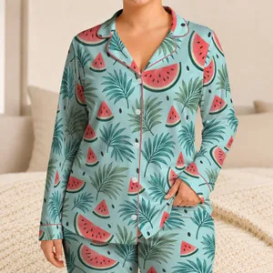 Watermelon Slices And Palm Leaves For Fresh Summer Lounging And Relaxed Home Days Satin Pajamas Set