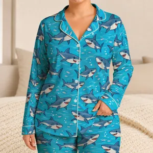 Playful Blue Sharks for Cozy Lounging, Relaxed Weekends and Ocean-Loving Gift Giving Satin Pajamas Set