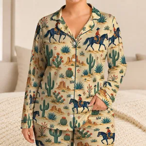 Cowboy Horse and Cactus Motifs for Cozy Western Nights and Desert Dreamers Satin Pajamas Set