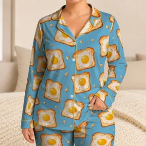 Sunny Egg Toast Breakfast Motifs for Cozy Weekend Lounging and Slow Morning Comfort Satin Pajamas Set
