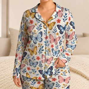 Colorful Butterfly And Wildflower Motifs For Cozy Evenings And Relaxing Weekends Satin Pajamas Set