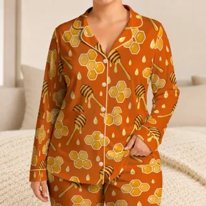Warm Orange Honeycomb and Honey Dipper Motifs for Cozy Evenings and Relaxed Lounging Satin Pajamas Set