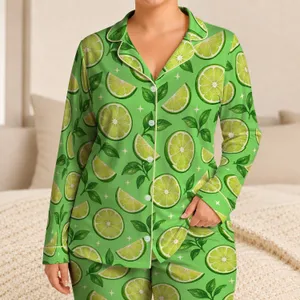 Lime Slice and Leaf Motif for Fresh Summer Lounging and Relaxed Weekends Satin Pajamas Set