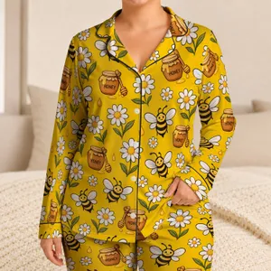 Honey Bees, Daisy Blooms and Honey Pots for Cozy Lounging and Relaxed Home Evenings Satin Pajamas Set