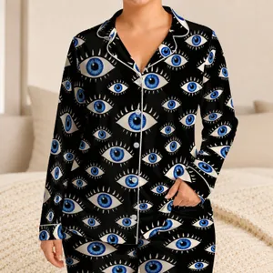 Blue Eyeball Motifs for Whimsical Everyday Lounging and Cozy Nights Satin Pajamas Set