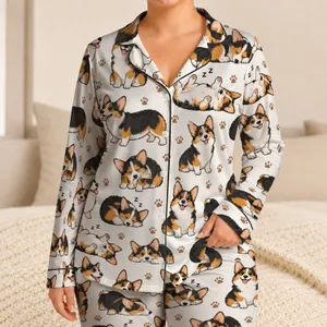 Playful Tri-Color Corgi Dogs for Cozy Evenings and Relaxed Weekend Lounging at Home Satin Pajamas Set
