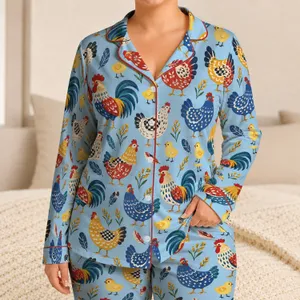 Folk Art Hens and Roosters for Cozy Country Living and Relaxed Weekends Satin Pajamas Set
