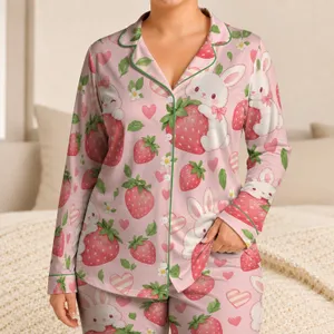Pink Strawberry Bunny Hearts For Cozy Nights And Sweet At-Home Lounging Satin Pajamas Set
