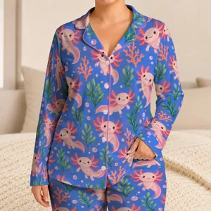 Cute Axolotl and Coral Reef Motifs for Cozy Ocean-Loving Relaxation and Gift Giving Satin Pajamas Set