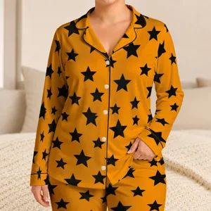 Black Five-Point Stars on Warm Orange for Bold Cozy Lounging and Relaxed Everyday Style Satin Pajamas Set