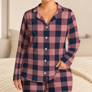 Vintage Pink and Navy Checks for Cozy Evenings at Home, Classic Lounge Style for Women Satin Pajamas Set