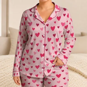 Crimson Hearts for Cozy Valentine Evenings and Romantic Relaxation at Home for Her Satin Pajamas Set