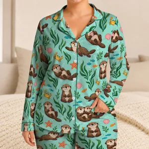 Playful Sea Otters And Ocean Friends For Cozy Coastal Evenings At Home, A Gift For Her Satin Pajamas Set