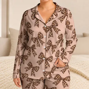 Leopard Bow Motifs for Cozy Lounge Moments and Chic Everyday Gift Giving Elegance Satin Pajamas Set