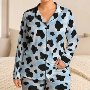 Blue And Black Cow Spots For Cozy Country Nights And Relaxed Weekend Lounging Style Satin Pajamas Set