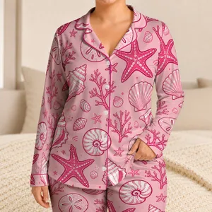 Pink Coastal Shell Starfish Nautilus Beach Gift For Women And Girls At Home Comfort Satin Pajamas Set