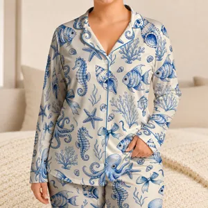 Cute Blue Octopus Seahorse Coastal Motifs For Beach Lounging And Relaxed Home Days Satin Pajamas Set