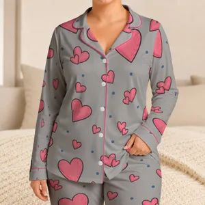 Pink Heart Gray Autumn Loungewear Set For Cozy Romantic Home Relaxation Women Gift Satin Pajamas Set