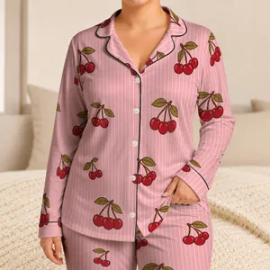 Red Cherry Sprigs on Pink White Stripes for Cozy Autumn Home Lounging Women Gift Satin Pajamas Set